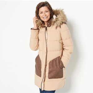 Dennis Basso - Quilted Parka Faux Fur - Hood - Tan - Size Medium - Coat - Brown